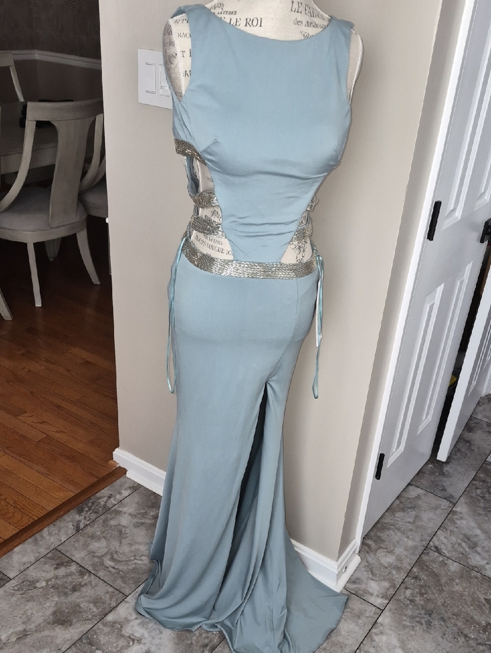 JOVANI DUSTY BLUE SIDE CUTOUT BEADED DETAIL LINED STRETCHY MERMAID FLARE DRESS - Picture 2 of 13